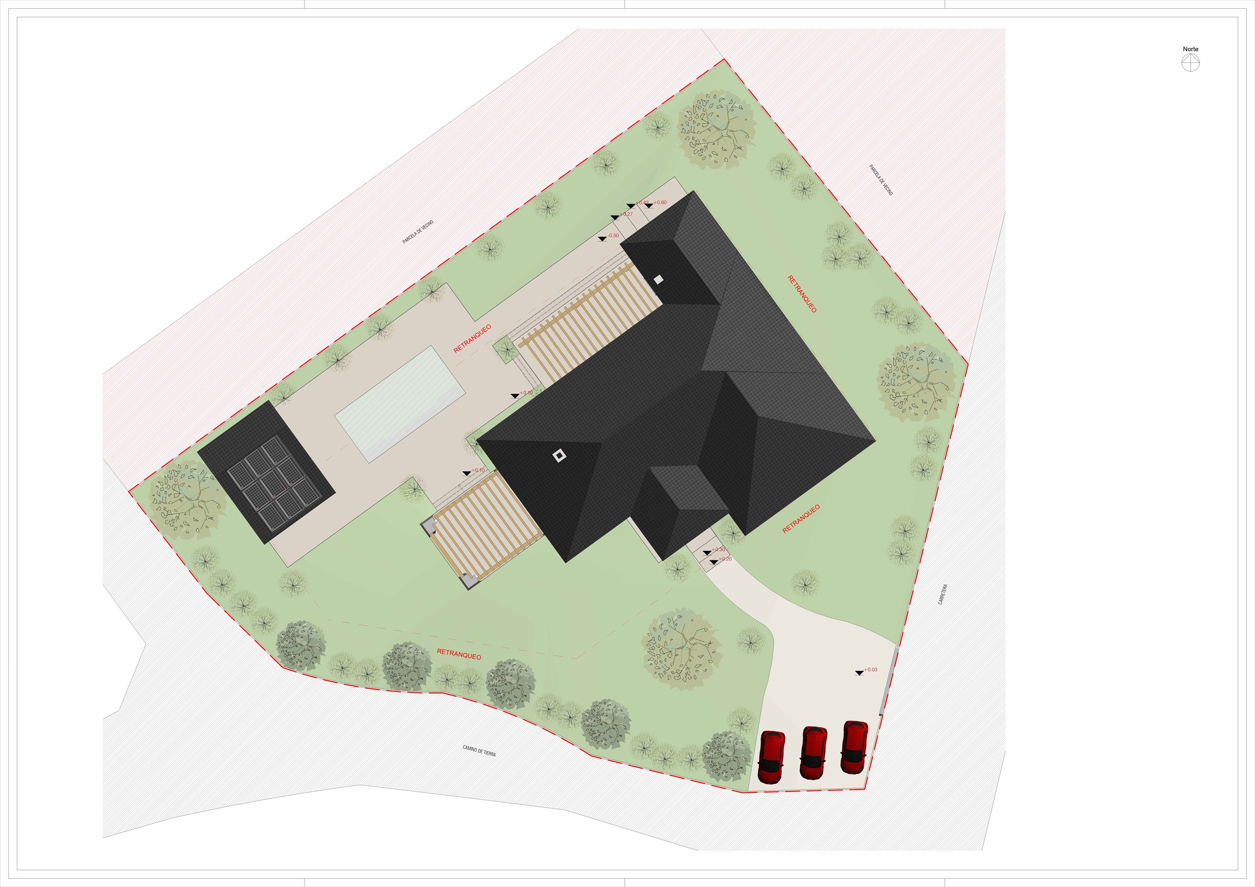 Plano de emplazamiento con la cubierta de la vivienda sobre la parcela, la piscina, el anexo y el acceso rodado