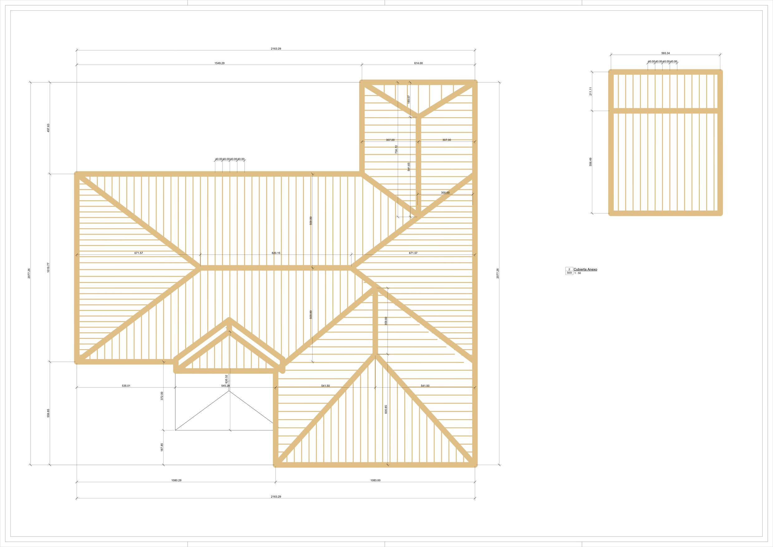 Plano de la estructura de madera de la cubierta de la vivienda y del anexo