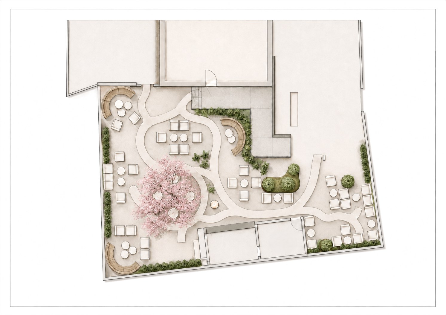 Planta de la ampliación: el patio trasero con el cerezo y su corro de mesas, los bancos curvos del perímetro, los recorridos entre parterres y el almacén del fondo