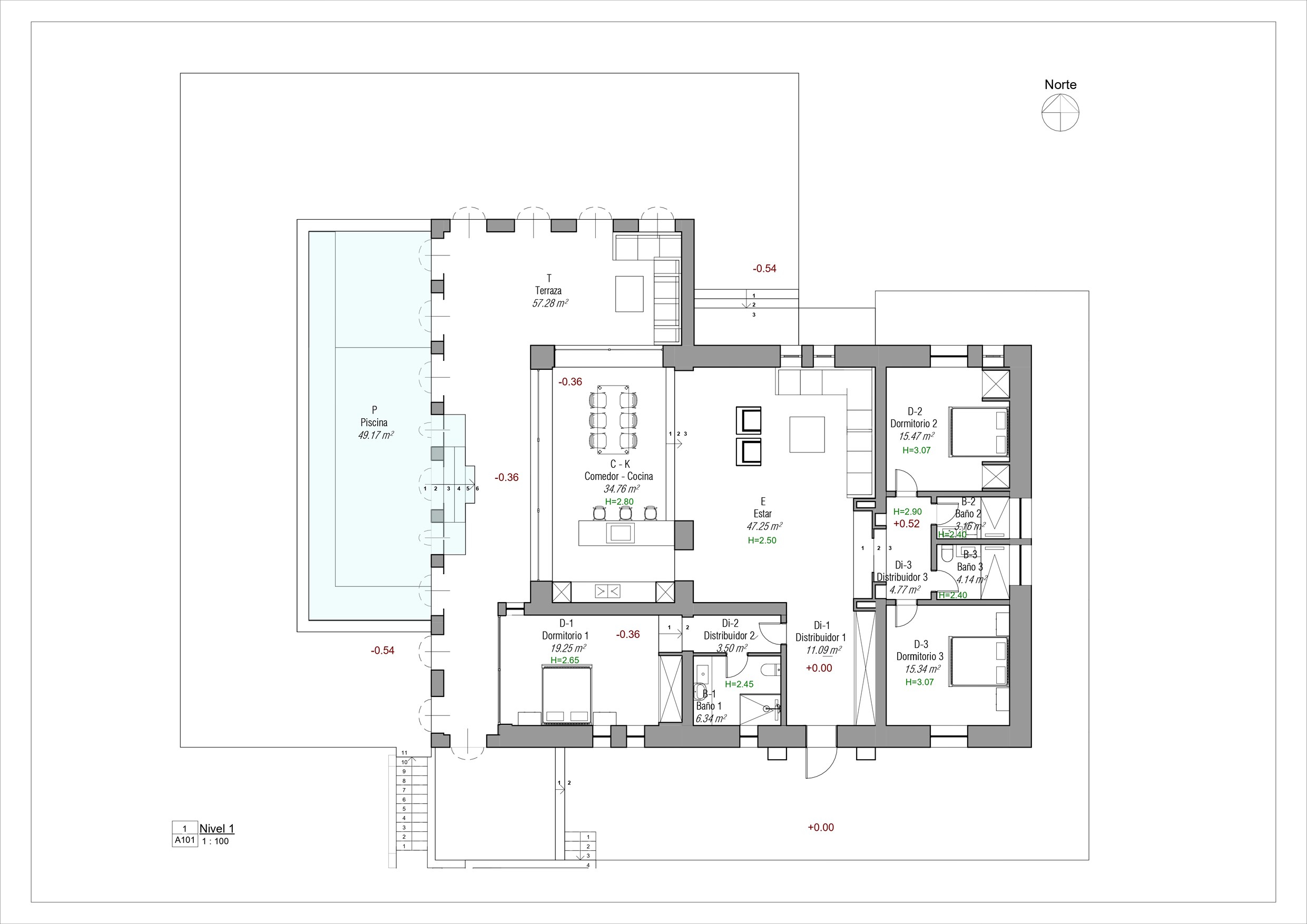 Planta del nivel 1 con la distribución de estancias, la terraza y la piscina